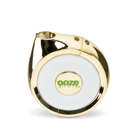 Front view of the Ooze Movez wireless speaker vape battery in gold. This innovative 2-in-1 device combines a powerful 510-thread cartridge battery with a Bluetooth speaker so you can vape and listen to your favorite music simultaneously.