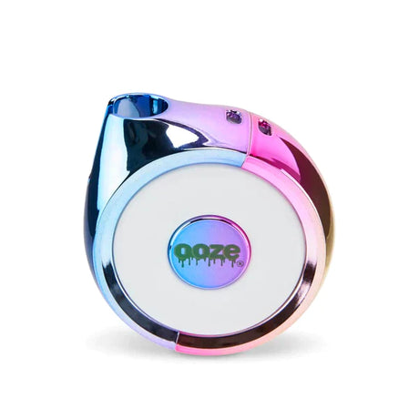 Front view of the Ooze Movez wireless speaker vape battery in rainbow chrome. This innovative 2-in-1 device combines a powerful 510-thread cartridge battery with a Bluetooth speaker so you can vape and listen to your favorite music simultaneously.