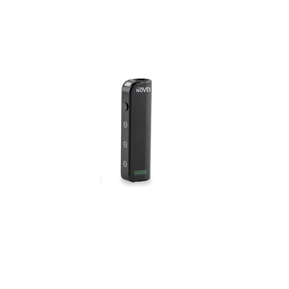 Front view of the Ooze Novex 510 extract battery in sleek black. This compact, palm-sized vaporizer battery offers a highly discreet and ergonomic design perfect for comfortably powering your favorite 510-threaded oil cartridges.