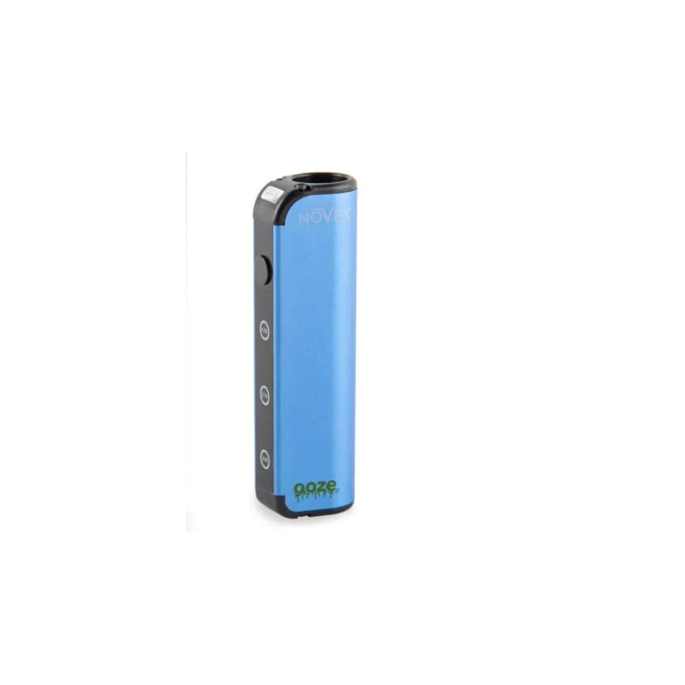 Front view of the Ooze Novex 510 extract battery in sleek blue. This compact, palm-sized vaporizer battery offers a highly discreet and ergonomic design perfect for comfortably powering your favorite 510-threaded oil cartridges.