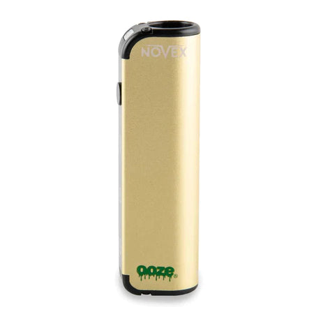 Front view of the Ooze Novex 510 extract battery in bright gold. This compact, palm-sized vaporizer battery offers a highly discreet and ergonomic design perfect for comfortably powering your favorite 510-threaded oil cartridges.