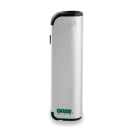 Front view of the Ooze Novex 510 extract battery in sleek silver. This compact, palm-sized vaporizer battery offers a highly discreet and ergonomic design perfect for comfortably powering your favorite 510-threaded oil cartridges.