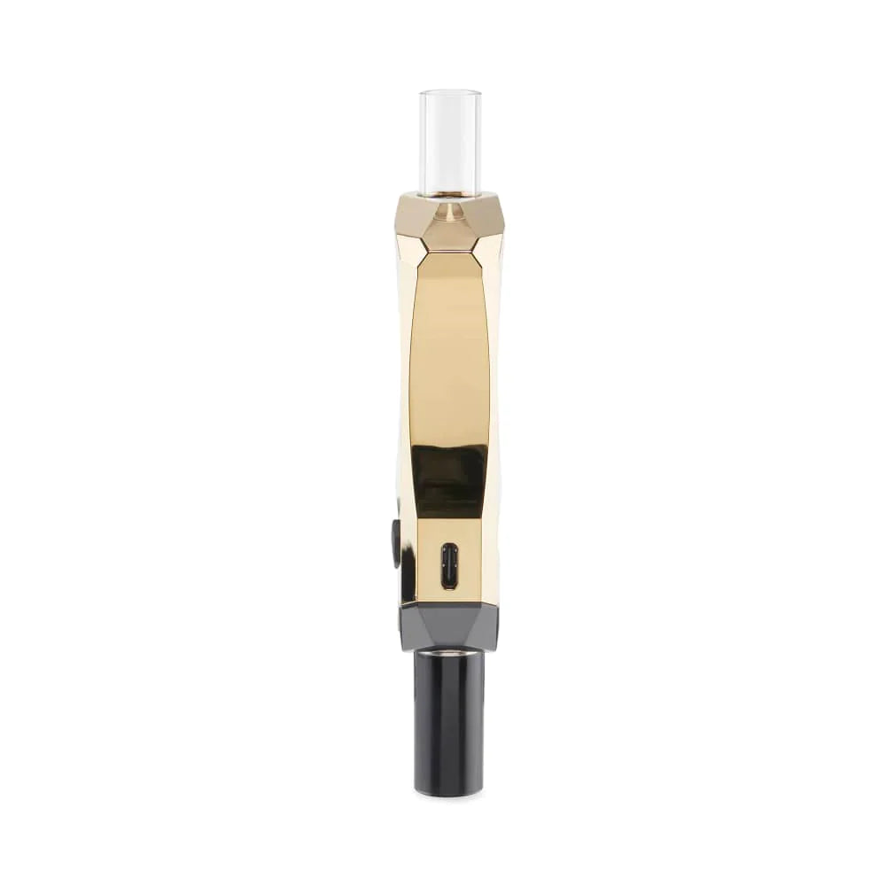 Front view of the Ooze Pronto electric dab straw in metallic gold. This highly portable electronic nectar collector allows users to dip the heated tip directly into wax jars for a seamless, torch-free dabbing experience.