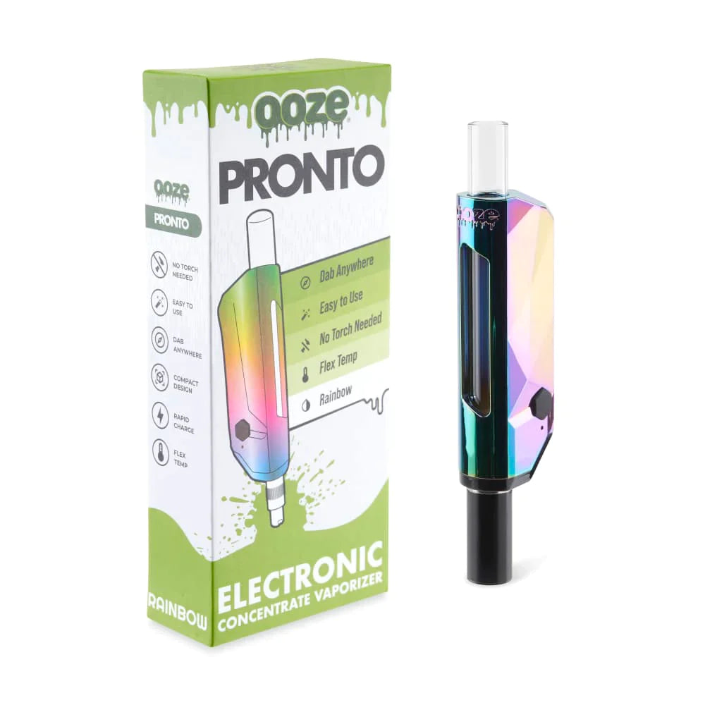 Front view of the Ooze Pronto electric dab straw in metallic rainbow. This highly portable electronic nectar collector allows users to dip the heated tip directly into wax jars for a seamless, torch-free dabbing experience.
