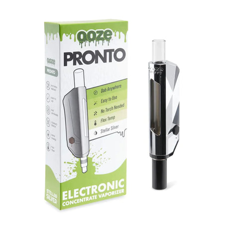Front view of the Ooze Pronto electric dab straw in metallic silver. This highly portable electronic nectar collector allows users to dip the heated tip directly into wax jars for a seamless, torch-free dabbing experience.