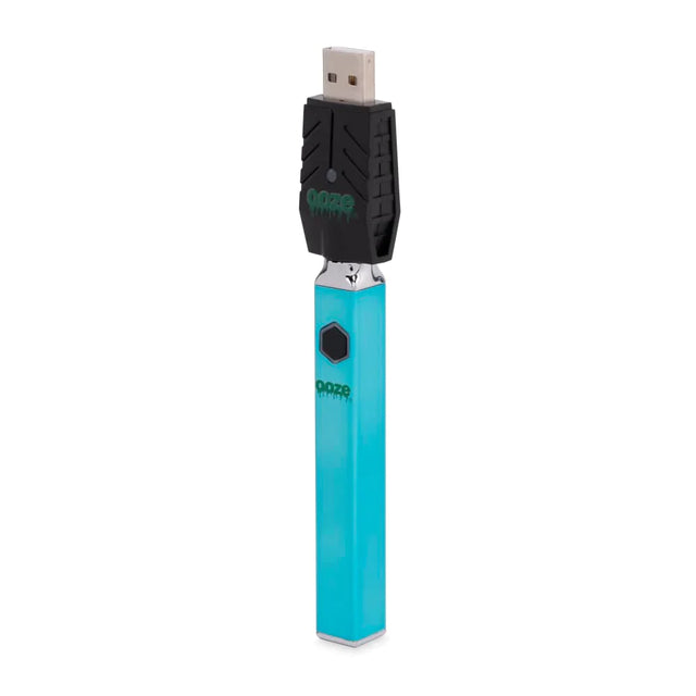 Front view of the Ooze Quad 510 battery in sleek arctic blue. This unique vaporizer features an innovative square design that prevents the device from rolling off flat surfaces and cracking attached glass cartridges.
