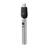 Front view of the Ooze Quad 510 battery in chrome. This unique vaporizer features an innovative square design that prevents the device from rolling off flat surfaces and cracking attached glass cartridges.