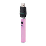Front view of the Ooze Quad 510 battery in pink. This unique vaporizer features an innovative square design that prevents the device from rolling off flat surfaces and cracking attached glass cartridges.