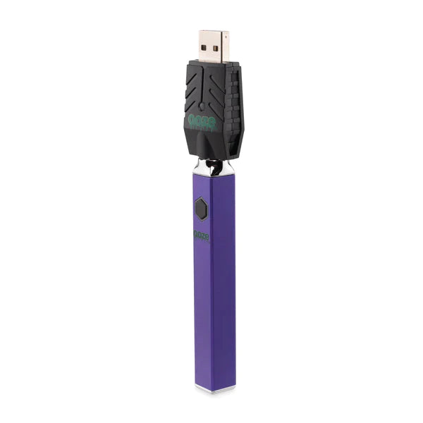 Front view of the Ooze Quad 510 battery in purple. This unique vaporizer features an innovative square design that prevents the device from rolling off flat surfaces and cracking attached glass cartridges.