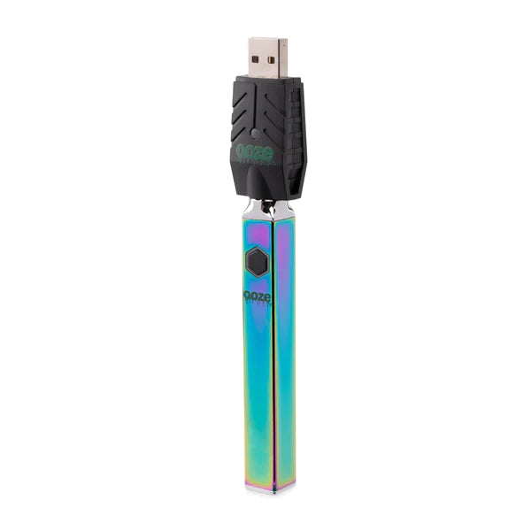 Front view of the Ooze Quad 510 battery in rainbow. This unique vaporizer features an innovative square design that prevents the device from rolling off flat surfaces and cracking attached glass cartridges.