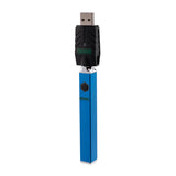 Front view of the Ooze Quad 510 battery in sapphire blue. This unique vaporizer features an innovative square design that prevents the device from rolling off flat surfaces and cracking attached glass cartridges.