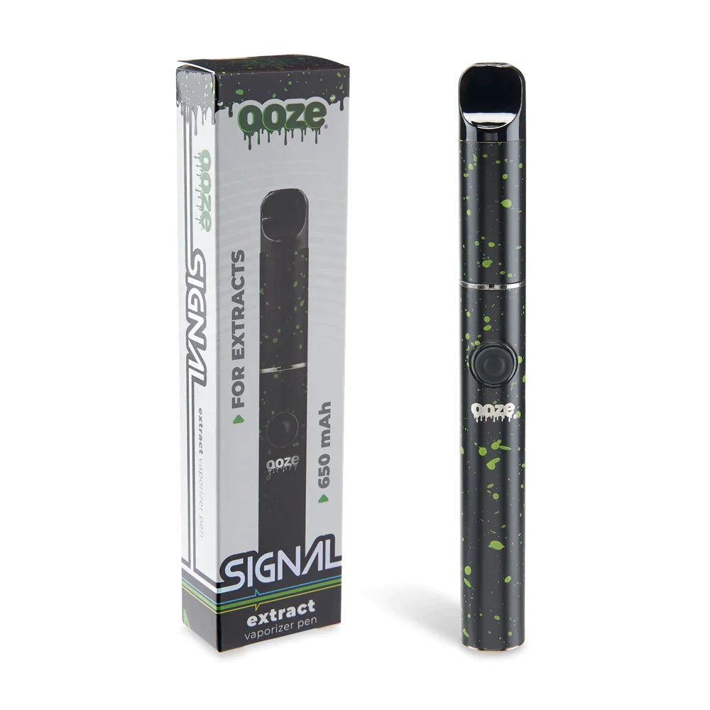 Front view of the Ooze Signal concentrate vaporizer pen in a sleek black with green splatter finish. This incredibly sleek and travel-friendly dab pen features a 650mAh battery and a simple single-button control for effortless, on-the-go wax consumption.