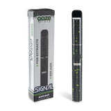 Front view of the Ooze Signal concentrate vaporizer pen in a sleek black with green splatter finish. This incredibly sleek and travel-friendly dab pen features a 650mAh battery and a simple single-button control for effortless, on-the-go wax consumption.