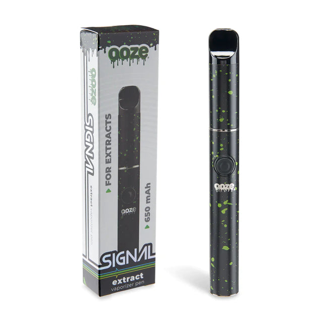 Front view of the Ooze Signal concentrate vaporizer pen in a sleek black with green splatter finish. This incredibly sleek and travel-friendly dab pen features a 650mAh battery and a simple single-button control for effortless, on-the-go wax consumption.