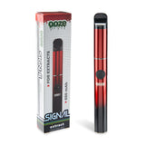 Front view of the Ooze Signal concentrate vaporizer pen in a vibrant metallic red and black finish. This incredibly sleek and travel-friendly dab pen features a 650mAh battery and a simple single-button control for effortless, on-the-go wax consumption.