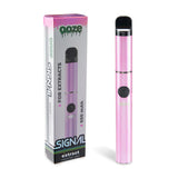 Front view of the Ooze Signal concentrate vaporizer pen in a vibrant metallic pink finish. This incredibly sleek and travel-friendly dab pen features a 650mAh battery and a simple single-button control for effortless, on-the-go wax consumption.