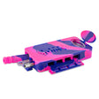 Front angled view of the Ooze Slugger Dugout Travel Kit in pink and purple. This pocket-sized silicone travel piece neatly contains all your necessary concentrate accessories inside an impact-resistant, discreetly flat block.