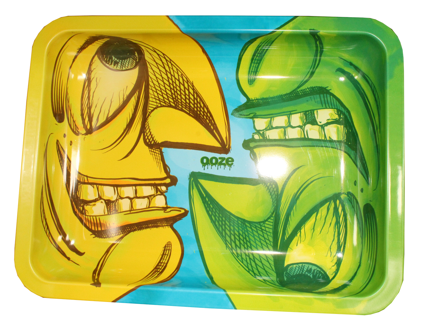 Ooze Face Off small metal tray with a bold split-face monster graphic and raised edges for herb containment.
