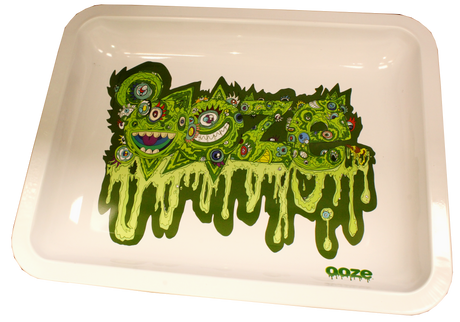 small Ooze metal rolling tray with Oozemosis green slime graphics and a high-gloss protective finish.