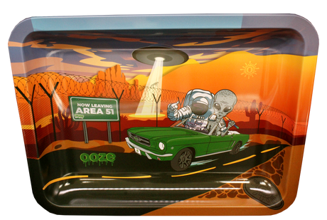 Ooze Space Race small metal rolling tray with a colorful astronaut and alien in a ooze green car.