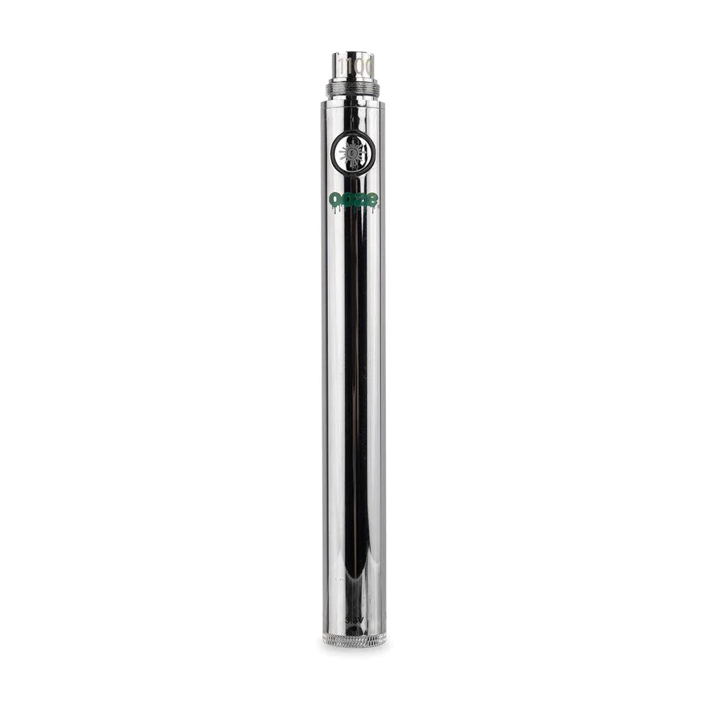 Angled view of a single Ooze standard 1100mAh vape battery in sleek chrome. Boasting a massive 1100mAh capacity cell, this durable 510-thread stick battery delivers significantly longer vaping sessions without the need for frequent recharging.