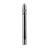 Angled view of a single Ooze standard 1100mAh vape battery in sleek chrome. Boasting a massive 1100mAh capacity cell, this durable 510-thread stick battery delivers significantly longer vaping sessions without the need for frequent recharging.