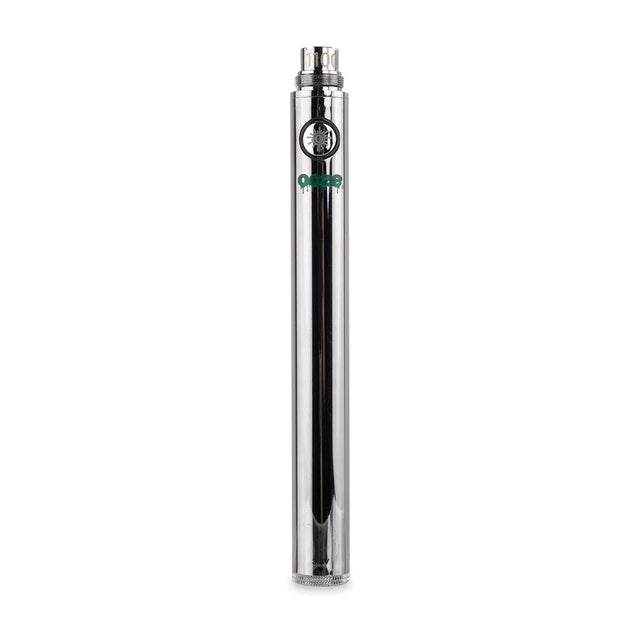 Angled view of a single Ooze standard 1100mAh vape battery in sleek chrome. Boasting a massive 1100mAh capacity cell, this durable 510-thread stick battery delivers significantly longer vaping sessions without the need for frequent recharging.