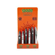Front view of the Ooze standard 510 battery 24-count acrylic display filled with assorted metallic and solid colors. This retail-ready wholesale stand provides smoke shops with highly reliable, easy-to-use vape batteries perfectly sized for checkout counters.