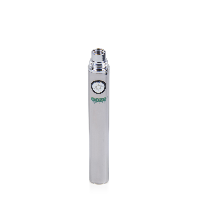 Angled view of a single Ooze standard 650mAh vape battery in bright white. Operating at a consistent 3.7V power output, this highly portable and discreet stick battery delivers reliable, even heating for your favorite extracts with a simple single-button operation.