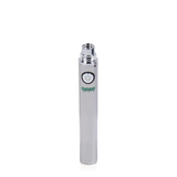 Angled view of a single Ooze standard 650mAh vape battery in bright white. Operating at a consistent 3.7V power output, this highly portable and discreet stick battery delivers reliable, even heating for your favorite extracts with a simple single-button operation.