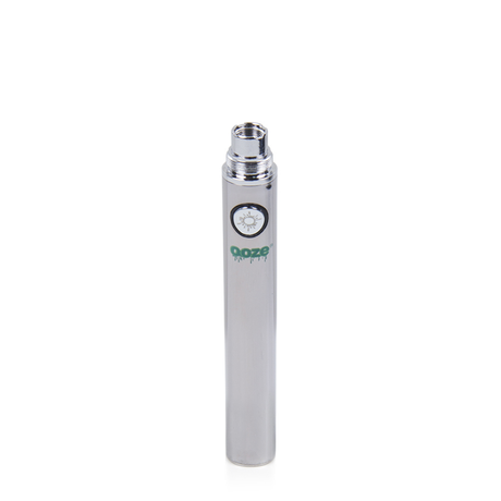 Angled view of a single Ooze standard 650mAh vape battery in bright white. Operating at a consistent 3.7V power output, this highly portable and discreet stick battery delivers reliable, even heating for your favorite extracts with a simple single-button operation.