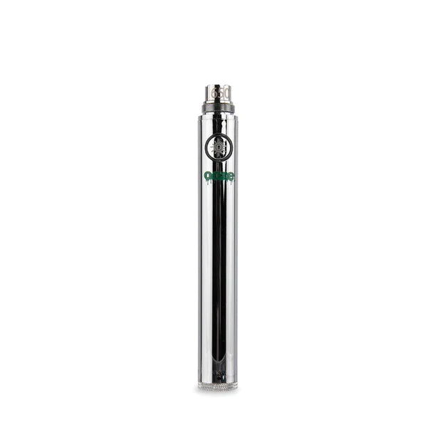 Top down angled view of the Ooze Twist 650mAh battery in chrome highlighting the universal 510 thread connection in silver. Expertly machined to industry standards, this top connection safely and securely fits the vast majority of pre-filled oil and extract cartridges on the market.