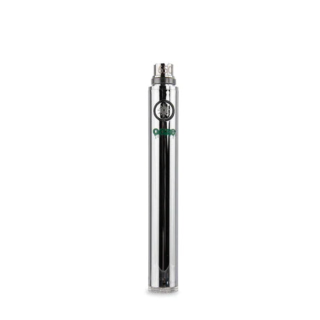 Top down angled view of the Ooze Twist 650mAh battery in chrome highlighting the universal 510 thread connection in silver. Expertly machined to industry standards, this top connection safely and securely fits the vast majority of pre-filled oil and extract cartridges on the market.