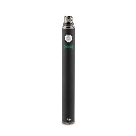 Angled view of a single Ooze Twist 900mAh vape battery in sleek matte black. Boasting an upgraded 900mAh capacity cell, this discreet and highly portable 510-thread vape pen delivers extended vaping sessions without the need for constant recharging.