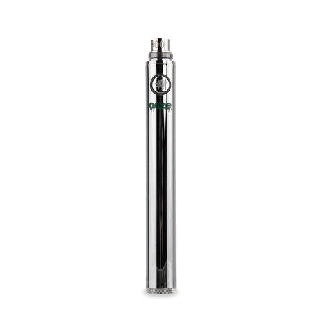 front view of a single Ooze Twist 900mAh vape battery in metalic chrome. Boasting an upgraded 900mAh capacity cell, this discreet and highly portable 510-thread vape pen delivers extended vaping sessions without the need for constant recharging.