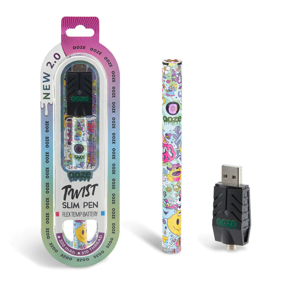Front view of the Ooze Twist Slim Pen 2.0 flex temp battery in sticker bombed style chroma. This upgraded 510-thread vape pen features dual-activation technology, allowing for both button-press and auto-draw firing with your favorite extract cartridges.