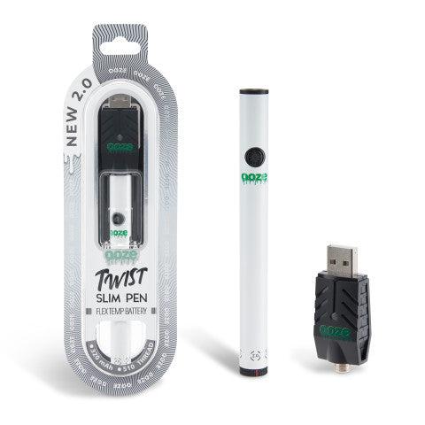 Front view of the Ooze Twist Slim Pen 2.0 flex temp battery in bright white. This upgraded 510-thread vape pen features dual-activation technology, allowing for both button-press and auto-draw firing with your favorite extract cartridges.