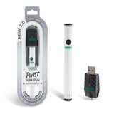 Front view of the Ooze Twist Slim Pen 2.0 flex temp battery in bright white. This upgraded 510-thread vape pen features dual-activation technology, allowing for both button-press and auto-draw firing with your favorite extract cartridges.