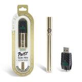 Front view of the Ooze Twist Slim Pen 2.0 flex temp battery in gold. This upgraded 510-thread vape pen features dual-activation technology, allowing for both button-press and auto-draw firing with your favorite extract cartridges.