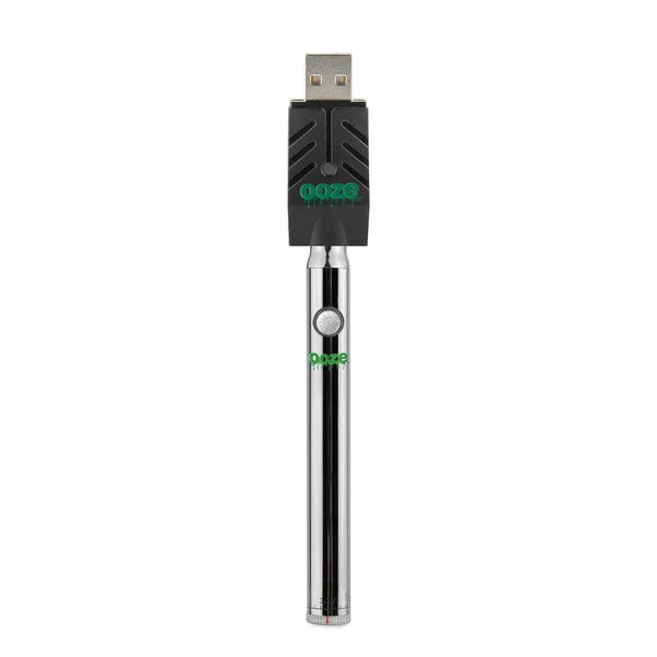 Front view of the Ooze Twist Slim Pen adjustable voltage battery in chrome. This reliable and highly portable 510-thread vape pen is designed for seamless, everyday use with standard pre-filled oil and extract cartridges.