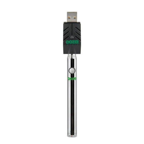 Front view of the Ooze Twist Slim Pen adjustable voltage battery in chrome. This reliable and highly portable 510-thread vape pen is designed for seamless, everyday use with standard pre-filled oil and extract cartridges.