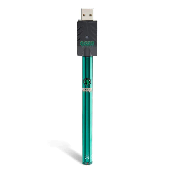 Front view of the Ooze Twist Slim Pen adjustable voltage battery in an emerald green. This reliable and highly portable 510-thread vape pen is designed for seamless, everyday use with standard pre-filled oil and extract cartridges.