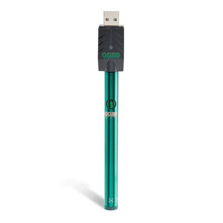 Front view of the Ooze Twist Slim Pen adjustable voltage battery in an emerald green. This reliable and highly portable 510-thread vape pen is designed for seamless, everyday use with standard pre-filled oil and extract cartridges.