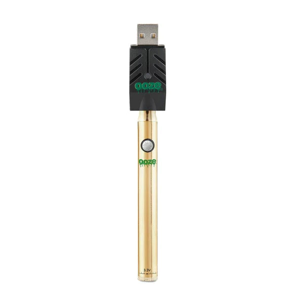 Front view of the Ooze Twist Slim Pen adjustable voltage battery in gold. This reliable and highly portable 510-thread vape pen is designed for seamless, everyday use with standard pre-filled oil and extract cartridges.