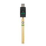 Front view of the Ooze Twist Slim Pen adjustable voltage battery in gold. This reliable and highly portable 510-thread vape pen is designed for seamless, everyday use with standard pre-filled oil and extract cartridges.
