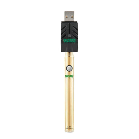 Front view of the Ooze Twist Slim Pen adjustable voltage battery in gold. This reliable and highly portable 510-thread vape pen is designed for seamless, everyday use with standard pre-filled oil and extract cartridges.