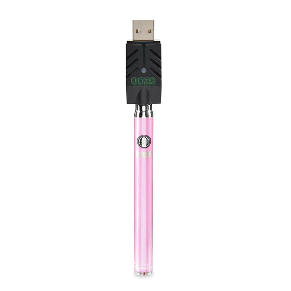 Front view of the Ooze Twist Slim Pen adjustable voltage battery in pink. This reliable and highly portable 510-thread vape pen is designed for seamless, everyday use with standard pre-filled oil and extract cartridges.
