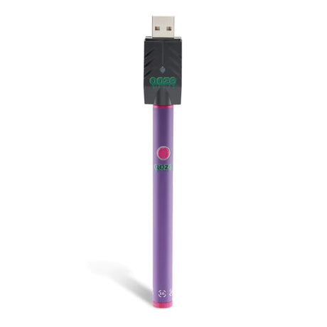 Front view of the Ooze Twist Slim Pen adjustable voltage battery in purple. This reliable and highly portable 510-thread vape pen is designed for seamless, everyday use with standard pre-filled oil and extract cartridges.