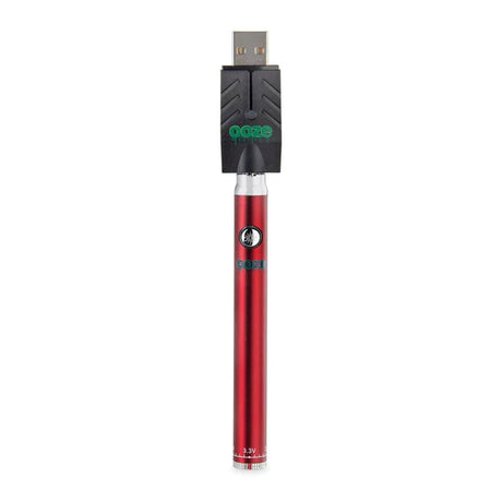Front view of the Ooze Twist Slim Pen adjustable voltage battery in sleek red. This reliable and highly portable 510-thread vape pen is designed for seamless, everyday use with standard pre-filled oil and extract cartridges.