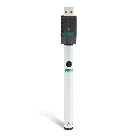 Front view of the Ooze Twist Slim Pen adjustable voltage battery in white. This reliable and highly portable 510-thread vape pen is designed for seamless, everyday use with standard pre-filled oil and extract cartridges.